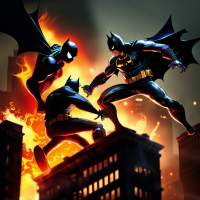 Stupid Spider-Man fighting stupid Batman on top of buildings with fire 