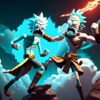 Rick sanchez Rick and Morty fighting Kratos God of war in the sky 