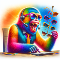 Colorful ape in a desk trading sunglasses headset trading happy energetic vibrant realistic