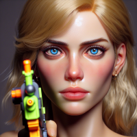 create the most reallistic woman you can. shes blond and has blue eyes, and shes holding a toy gun