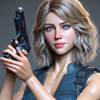 create the most reallistic woman you can. shes blond and has blue eyes, and shes holding a toy gun. create her with full body