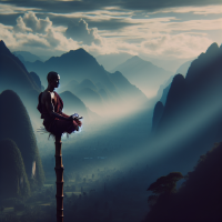 Monk meditating on top of a tall stick in a mountainous landscape 