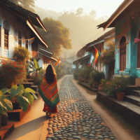 A girl wearing a sari is walking on a village street