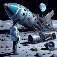 Create an illustration where the scientist lands on the moon but his rocket crashes